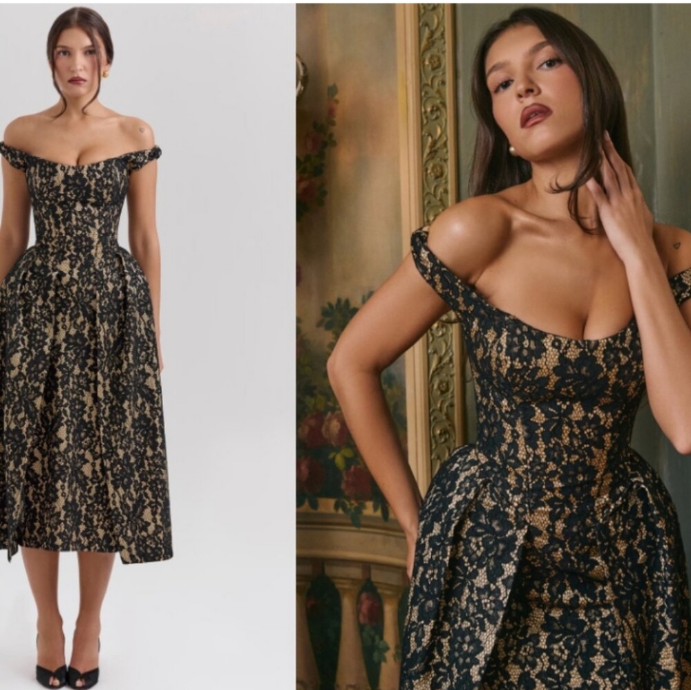 Charming Black And Gold Lace Off The Shoulder Corset Midi Dress